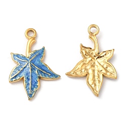 Steel Blue 304 Stainless Steel Enamel Pendants, Real 18K Gold Plated, Maple Leaf Charm, Steel Blue, 22x15x2mm, Hole: 1.6mm