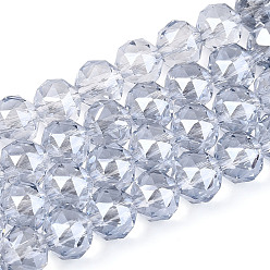 Светлый Стально-синий Гальваническое покрытие прозрачных круглых стеклянных бусин в нитях, граненые, светло-стальной синий, 7.5~8.5x7~7.5 мм, отверстие : 1.2~1.6 мм, около 25~26 шт / нитка, 6.89~7.48'' (17.5~19 см)