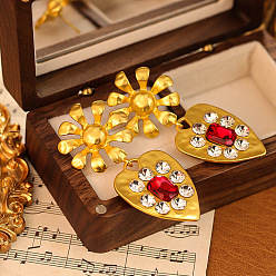 Сиамский Серьги-гвоздики из сплава со стразами в форме цветка и сердца, золотые, Сиам, 60x25 мм