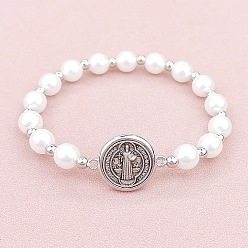 Античное Серебро Пластиковые эластичные браслеты с жемчужными бусинами, со звеньями из сплава Святого Бенедикта, античное серебро, 7-1/2 дюйм (19 см)