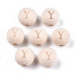 Letter Y Unfinished Natural Wood European Beads, Large Hole Beads, Laser Engraved Pattern, Round with Word, Letter.Y, 15~16x14~15mm, Hole: 4mm
