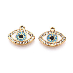 Белый 304 из нержавеющей стали горный хрусталь подвески, Злые чары глаз, с эмалью, вакуумное покрытие pvd, реальный 18 k позолоченный, белые, 14x17x2 мм, отверстие : 1.4~1.5 мм