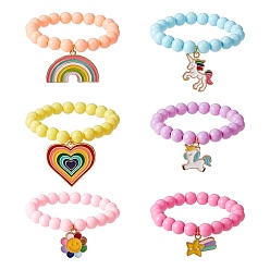 (52) Непрозрачная лаванда Акриловые круглые бусины ярких цветов, стрейчевые браслеты с эмалевыми подвесками цвета радуги для детей, разноцветные, внутренний диаметр: 1-3/4 дюйм (4.6 см), 6 шт / комплект