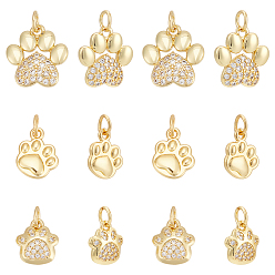 Настоящее золото 18K 18 шт. 3 стили латунные микро-паве кубические циркониевые подвески, с целью перехода в кольце, оберег в виде собачьей лапы, реальный 18 k позолоченный, 10.5~15x10~14.5x2.5~3 мм, отверстие : 3 мм, 6 шт / стиль