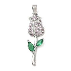 Platinum Brass Micro Pave Colorful Cubic Zirconia Pendants, with Glass, Rose Charms, Platinum, 29.5x9x4.5mm, Hole: 5x2.5mm