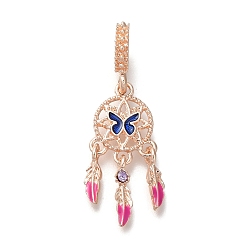 Розовое Золото Подвески из сплава со стразами в стойке в европейском стиле, плетеная паутина/сетка с перьями, подвески с большими отверстиями, Эмаль стиле, розовое золото , 41 мм, отверстие : 4.8 мм