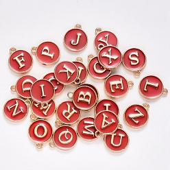 Dark Red Initial Letter A~Z Alphabet Enamel Charms, Flat Round Disc Double Sided Charms, Golden Plated Enamelled Sequins Alloy Charms, Dark Red, 14x12x2mm, Hole: 1.5mm, 26pcs/set