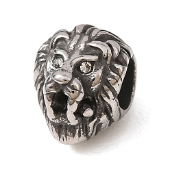 Crystal 316 Surgical Stainless Steel European Beads, with Rhinestone, Large Hole Beads, Lion Head, Antique Silver, Crystal, 10x9x12mm, Hole: 5mm