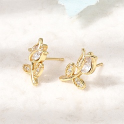 Plaqué 18K Or Véritable Micro cuivres ouvrent zircone cubique boucles d'oreille, fleur, sans plomb et sans cadmium, crémaillère plaquage, plaqué longue durée, réel 18 k plaqué or, 15x9mm