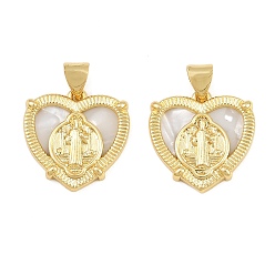 Heart Brass Shell Pendants, Saint Benedict Religious Charms, Real 16K Gold Plated, Heart, 17x17x3mm, Hole: 5x3mm