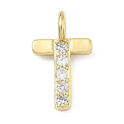 Letter T Латунные микропаве прозрачные подвески с фианитом, без кадмия и без свинца, долговечный, стойки покрытие, реальный 18 k позолоченный, Письмо T, 19x11x2.5 мм, отверстие : 2.5 мм