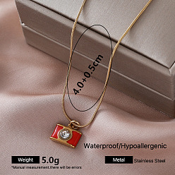 Others Vintage 304 Stainless Steel Enamel Pendant Necklaces with Clear Cubic Zirconia for Women, Golden, Red, Camera, 15.75 inch(40cm)