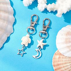 Белый Подвеска в виде морской звезды и черепахи из искусственной бирюзы, с подвеской в виде звезды и луны из сплава и поворотными карабинами, белые, 62~65 мм, 2 шт / комплект