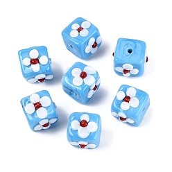 Bleu Ciel Foncé Fait main perles au chalumeau cahoteuses, cube avec motif de fleurs, bleu profond du ciel, 12~13x14~16x14~16mm, Trou: 1~1.6mm