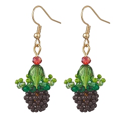 Зеленый 3серьги-подвески из стеклянных бусин в виде кактуса в горшке, с крюком из нержавеющей стали 304, золотые, зелёные, 47.5x17.5 мм