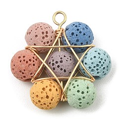 Light Gold Natural Lava Rock Dyed Beaded Pendants, Copper Wire Wrapped Flower Charms, Colorful, Light Gold, 26x26x8mm, Hole: 2mm