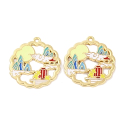 Красный Стойки подвески обшивки сплава, с эмалью, без кадмия, без никеля и без свинца, золотые, цветок с подвеской в виде луны и облаков, красные, 30x27x1.3 мм, отверстие : 1.8 мм