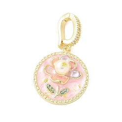 Pink Латунь эмаль подвески, с натуральным пресноводным жемчугом и застежкой из латуни с микропаве из кубических цирконий, плоская круглая с подвеской в виде цветка, розовые, 20.5x18x7.5 мм, отверстие : 7.5x5 мм