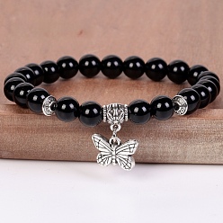 Obsidian 8MM Round Natural Obsidian Beaded Stretch Bracelets with Alloy Butterfly Charms, Antique Silver, 7.48 inch(19cm)