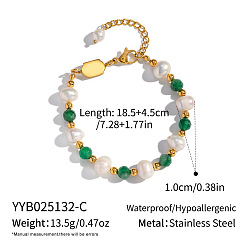 Натуральный Агат Браслеты из натурального зеленого агата и пресноводного жемчуга, 304 украшения из нержавеющей стали для женщин, круглые, 7-1/4 дюйм (18.5 см)