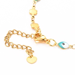 Golden 304 Stainless Steel Link Bracelets, with Enamel and Lobster Claw Clasps, Evil Eye & Flower, Sky Blue, Golden, 8-1/8 inch(20.5cm)