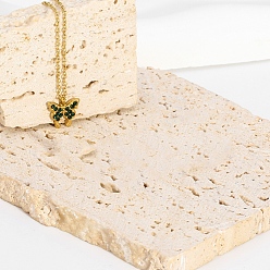 Зеленый Бабочка 304 ожерелья с подвеской из нержавеющей стали с кубическим цирконием для женщин, золотые, зелёные, 15.75 дюйм (40 см)