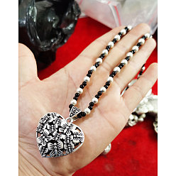 Сердце Этнический стиль сплав подвеска пластик имитация жемчуга бусины ожерелья, античное серебро, черно-белые, сердце с бантом, 29.92 дюйм (76 см)