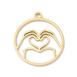 Настоящее золото 18K 304 подвески из нержавеющей стали, лазерная резка, плоский круглый с подвеской в виде сердца с двумя пальцами рук, реальный 18 k позолоченный, 20.5x18x1 мм, отверстие : 1.5 мм
