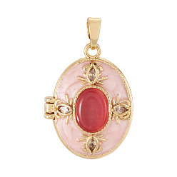 Pink 1 Stück Messing-Emaille-Medaillon-Anhänger, mit Strass und Harz, oval Charme, golden, rosa, 22x17x8 mm, Bohrung: 5x3 mm