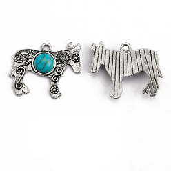 Лошадь Синтетические бирюзовые подвески, с фурнитурой сплавочной тибетского стиля, лошадь, 30x25 мм