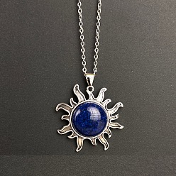 Ляпис-Лазурь Подвеска в виде солнца из натурального лазурита, цепочка из сплава, винтажное ожерелье, платина, 19.69 дюйм (50 см)