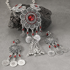 Античное Серебро Комплекты ожерелий и серег-колец из цинкового сплава и стекла в стиле «Цветочная Богемия», античное серебро, 470 мм и 96.6x28.1 мм