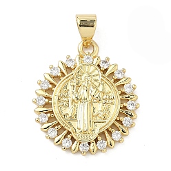 Настоящее золото 16K Латунные микро проложить кубического циркония подвески, плоский круглый с подвесками Святого Бенедикта, реальный 16 k позолоченный, 22x19x2.5 мм, отверстие : 4x3.5 мм