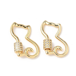 Cat Shape Латунь микропаве прозрачный кубический цирконий винт карабин брелоки, без кадмия, без никеля и без свинца, реальный 18 k позолоченный, форма кошки, 25.5x17x2 мм