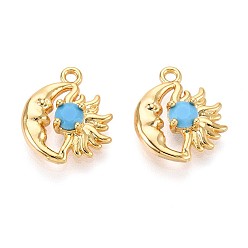 Темно-Голубой Латунные микро проложить кубического циркония прелести, луна и солнце, долговечный, без никеля , реальный 18 k позолоченный, глубокое синее небо, 14.5x13x4 мм, отверстие : 1.4 мм