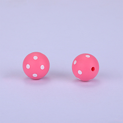 Pink Printed Round with Polka Dot Pattern Silicone Focal Beads, Pink, 15x15mm, Hole: 2mm