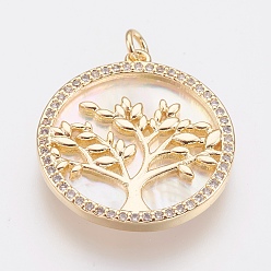 Золотой Латунные микро проложить кубического циркония подвески, с белой скорлупой, без свинца и без кадмия, плоские круглые с дерева жизни, золотые, 24x22x3 мм, отверстие : 2.5 мм