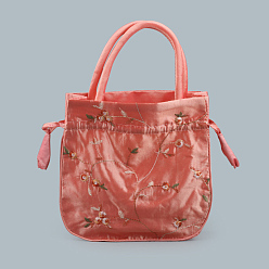 Light Coral Retro Rectangle Cloth Drawstring Women Wristlets, with Handles, Embroidery Flower Pattern, Light Coral, 21x20x6cm
