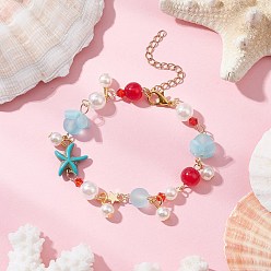 Starfish Dyed Synthetic Turquoise Beads Charm Bracelets, with Glass Beads & ABS Plastic Imitation Pearl Round Beads, Starfish, 7-1/8 inch(18.1cm)