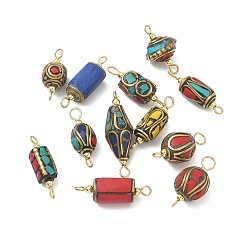 Античное Золото Подвеска-коннектор ручной работы из латуни, окрашенной в цвет синтетического коралла и бирюзы., с 304 петлями из нержавеющей стали, разнообразные, разноцветные, античное золото , 19.5~24.5x7~12 мм, отверстие : 2~3.7 мм