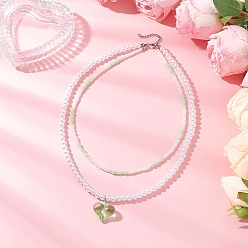 Светло-зеленый Подвеска в виде сердца из акрила, АБС-пластика, имитация жемчуга и стеклянных бусин, двухслойные ожерелья, платина, светло-зеленый, 16.85 дюйм (42.8 см)