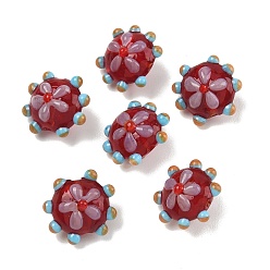 Красный Ручной работы ухабистым Шарики Lampwork, RONDELLE с цветочным узором, красные, 15.5x17.5x13 мм, отверстие : 1.6 мм