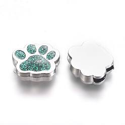 Sea Green Alloy Enamel Slider Charms, Dog Paw Prints, Platinum, Sea Green, 13x15.5x4.5mm, Hole: 2x8mm