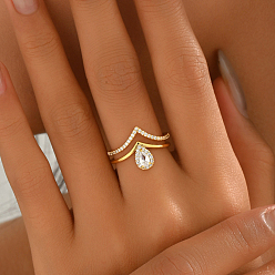 Настоящее золото 18K Латунные микропаве кубические цирконии регулируемые открытые манжеты кольца для женщин, слеза, реальный 18 k позолоченный, внутренний диаметр: регулируемый