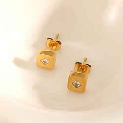 Clear 304 Stainless Steel & Clear Cubic Zirconia Stud Earrings, Square, Golden, Clear, 59.4mm