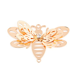Light Gold Латунные кристаллы стразы 3d пчела соединительные подвески, гравированные металлические украшения, без кадмия, без никеля и без свинца, золотой свет, 34~34.5x51x6 мм, отверстие : 2 мм