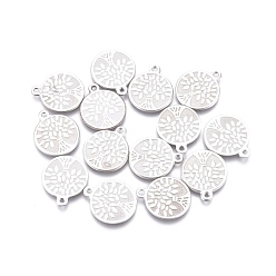 Нержавеющая Сталь Цвет Не тускнеющие 304 подвески из нержавеющей стали, лазерная резка, плоские круглые с деревом, цвет нержавеющей стали, 13.3x11x0.6 мм, отверстие : 1 мм