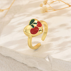 Вишня Фруктовые темы латунные манжеты открытые кольца для женщин, с эмалью, золотые, вишня, 13 мм, внутренний диаметр: 16мм~18мм