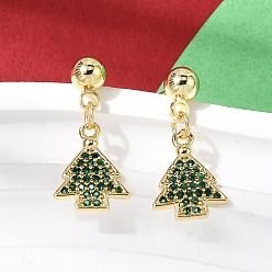 Рождественская елка Рождественские серьги-гвоздики с подвесками из латуни с микропаве из кубических цирконий, стойки покрытие, долговечный, без кадмия и без свинца, реальный 18 k позолоченный, рождественская елка, 22x10 мм