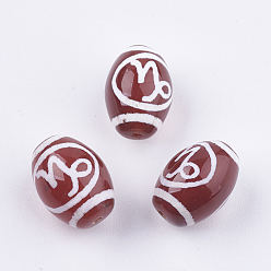 Capricorn Tibetan Style Constellation/Zodiac Pattern dZi Beads, Natural Agate Beads, Dyed & Heated, Barrel with Twelve Constellations, Capricorn, 14x10mm, Hole: 0.6mm